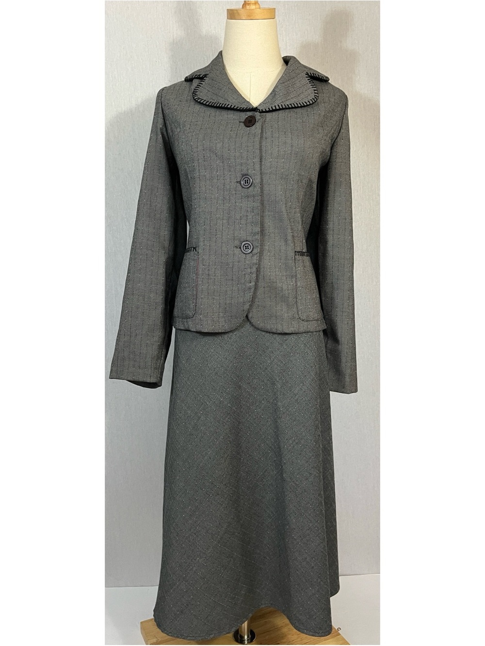 Periwinkle Grey Pink Striped jacket and skirt suit Retro Modest Made in Vietnam